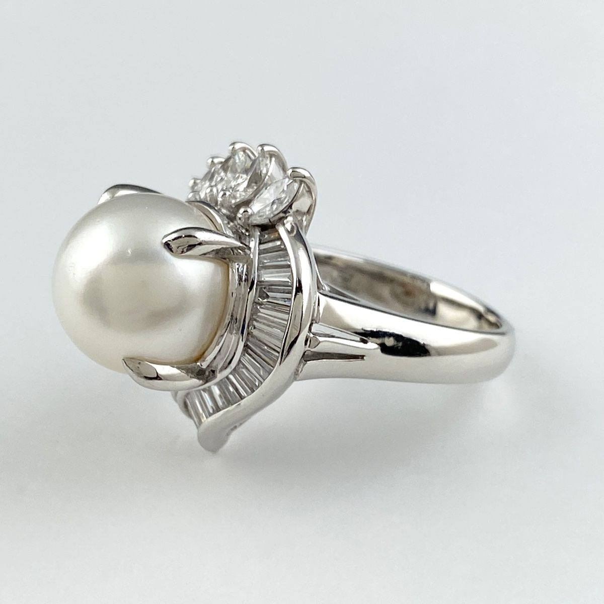 パール デザインリング プラチナ 指輪 メレダイヤ 真珠 リング 15.5号 