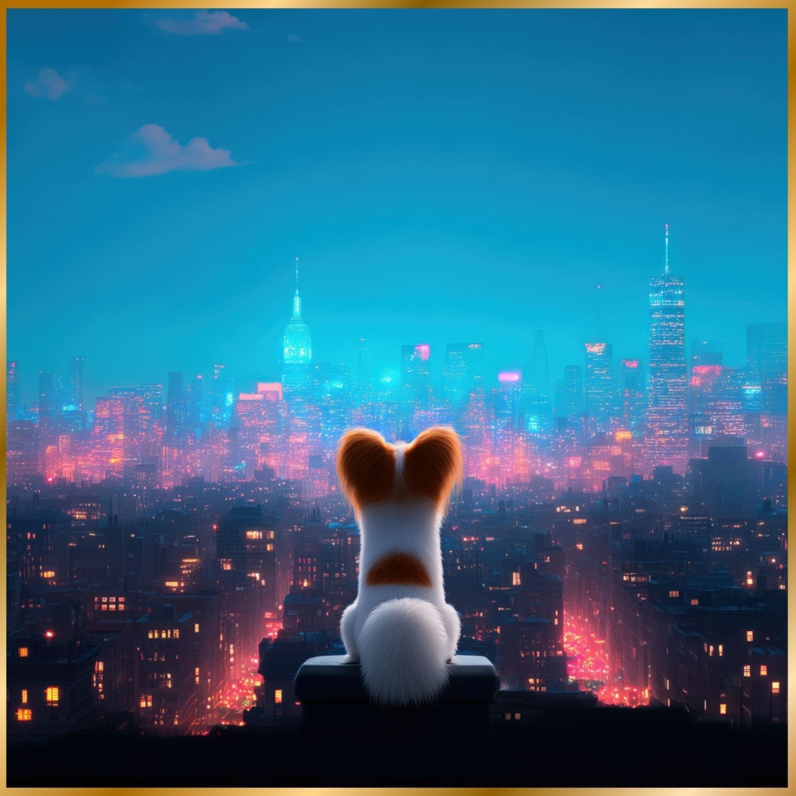 Luna and New York City - パピヨン犬 夜景 ニューヨーク マンハッタン シティー インテリアアート ペットロス うちの子 記念日 アートポスター 犬の絵 犬のイラスト ギフト プレゼント