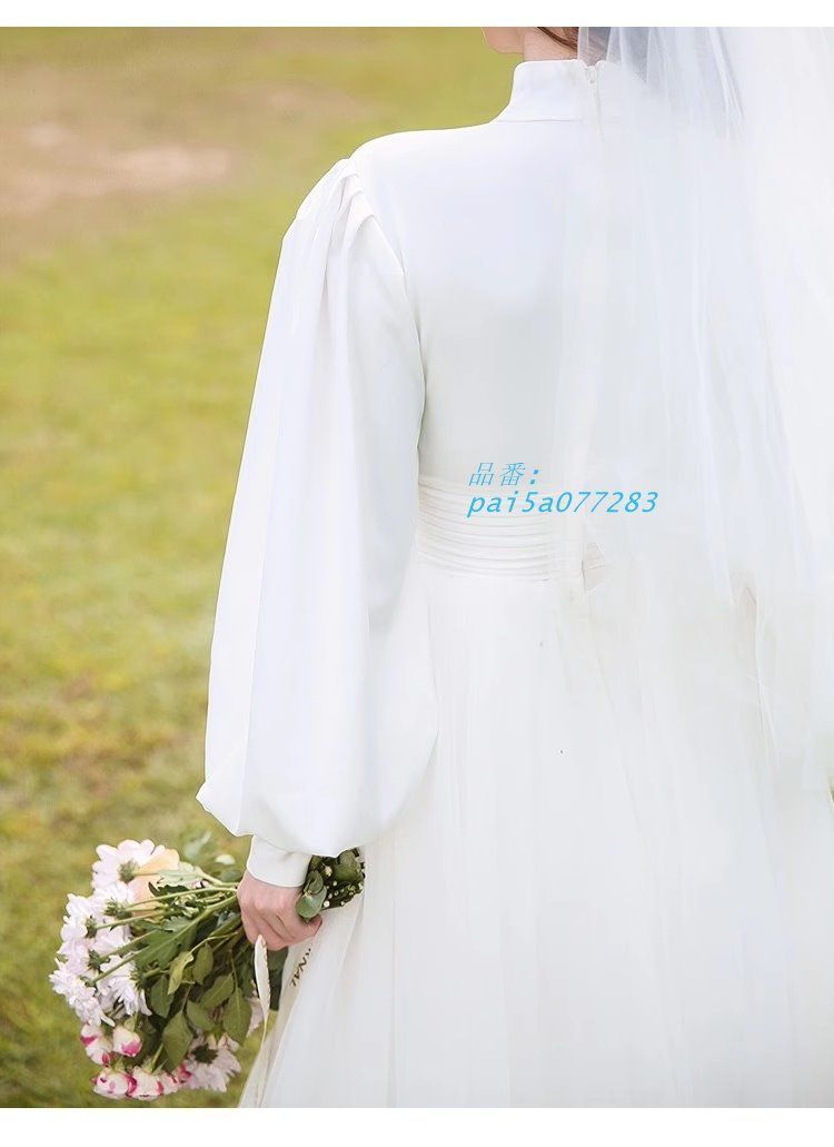 ウェディングドレス ロングドレス Aラインドレス チュール サテン 切替 結婚式 ウエディングドレス 花嫁 ブライダル 二次会 前撮り ハイネック 長袖 pai 5 a 077283