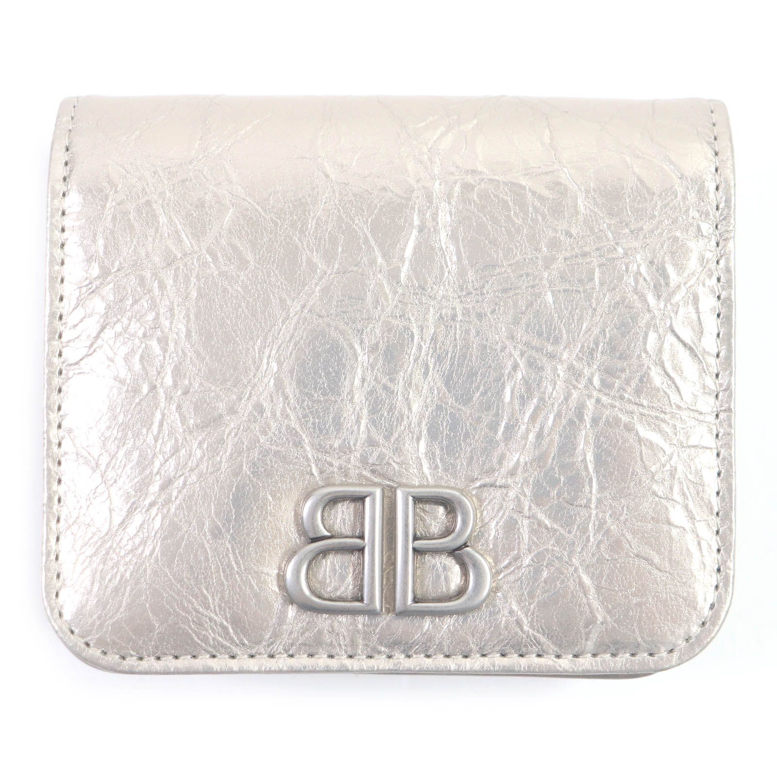美品BALENCIAGA バレンシアガ 765459 BBロゴ シルバー金具  レザー コンパクトウォレット 二つ折り財布 メタリックシルバー イタリア製 メンズ