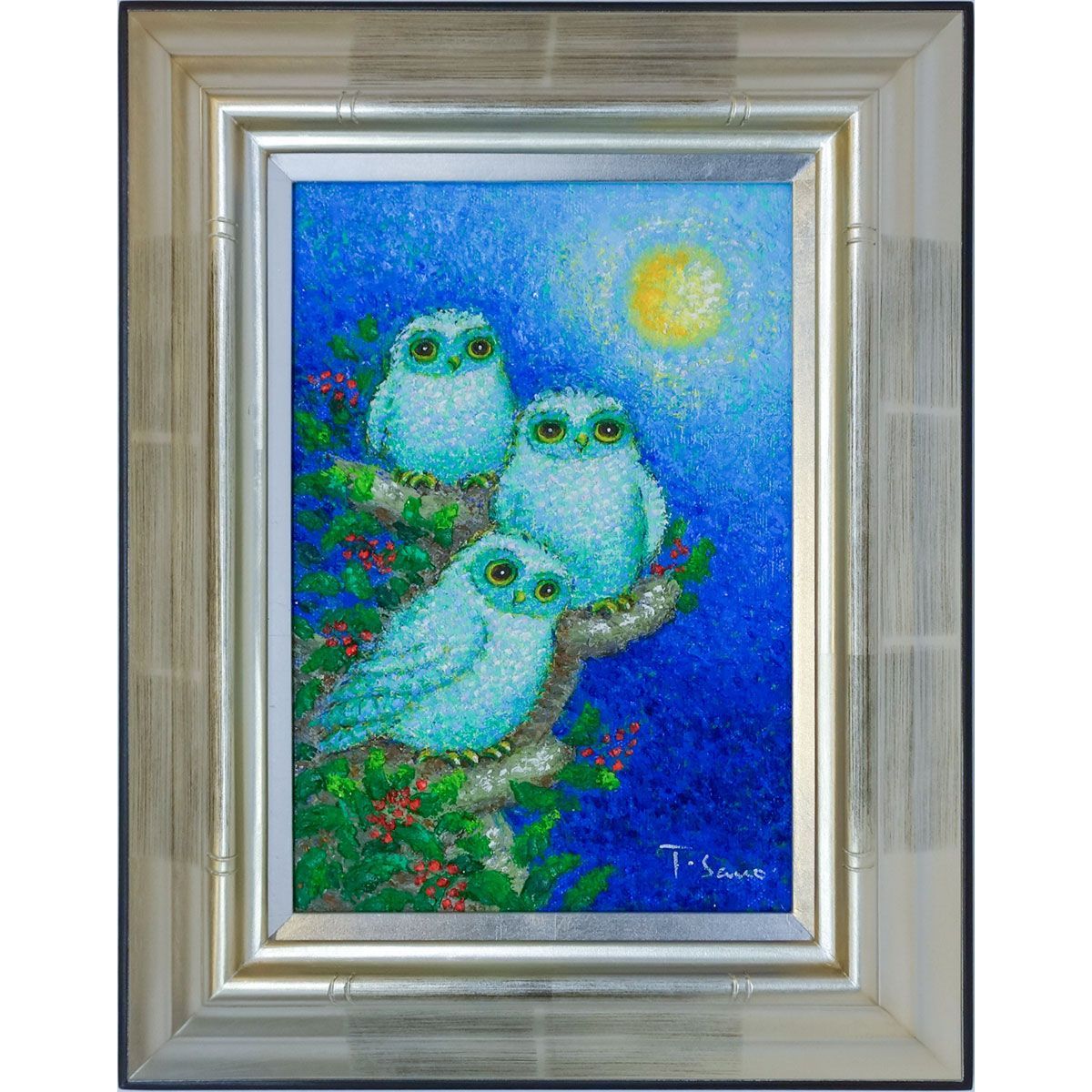 油彩画 SM号 佐野千恵子「満月のふくろう」 油絵 額付き 本物 真筆