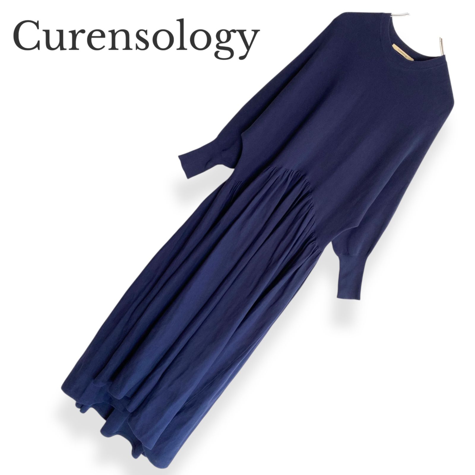 カレンソロジー ネイビー ロングニットワンピース 長袖 F 上品 綿100%