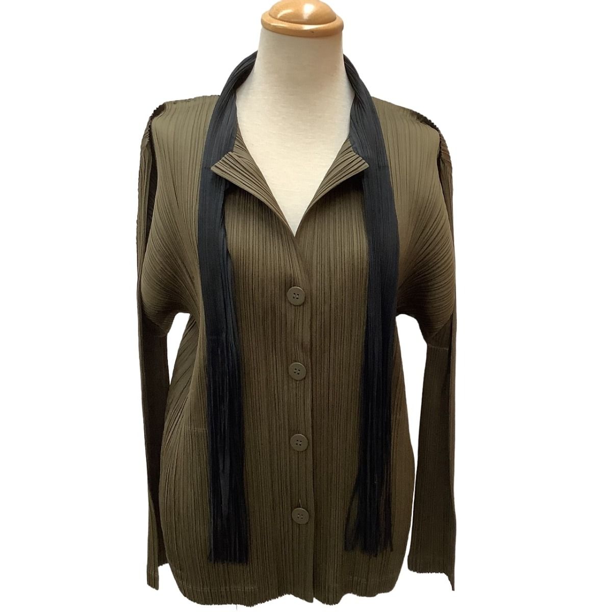 ♪♪ISSEY MIYAKE イッセイミヤケ PLEATS PLEASE 襟フリンジ 変形シャツ SIZE 3 PP71-JD144 カーキ
