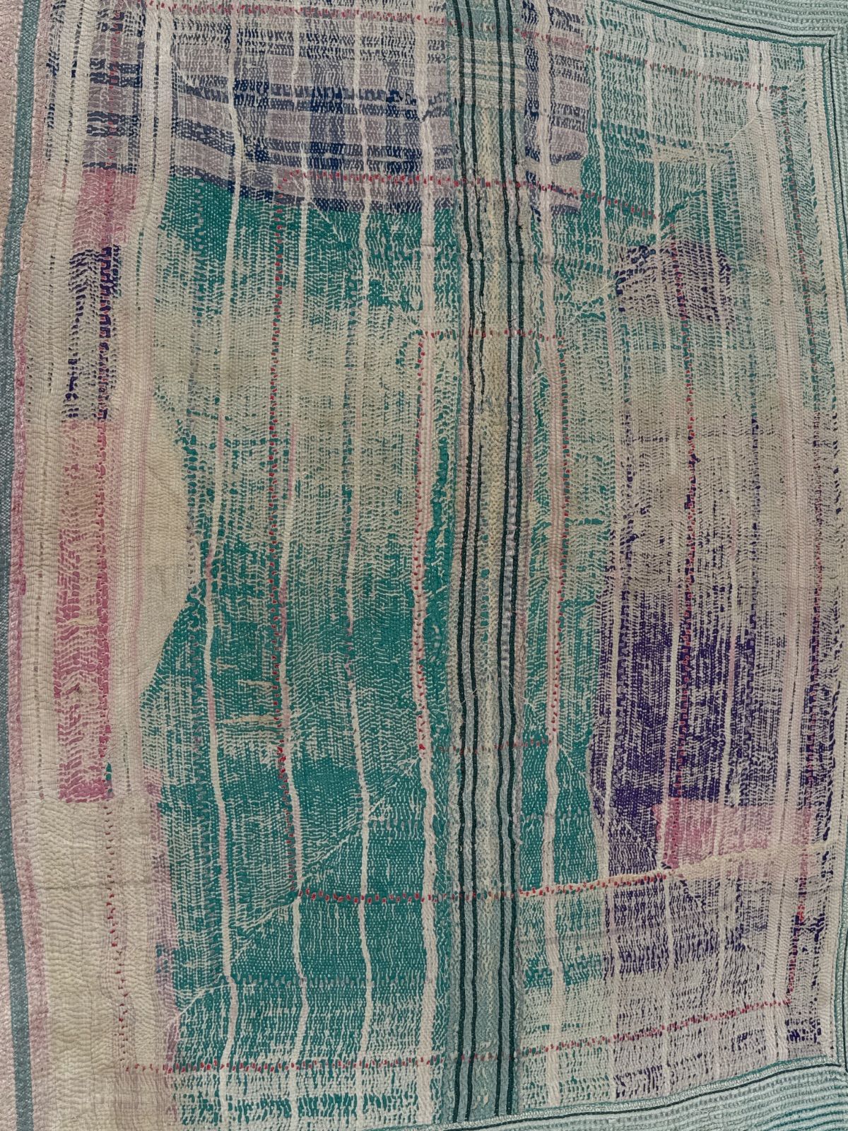 G060 8 グドゥリー マルチカバー マルチマット ラグ ヴィンテージ カンタ刺繍 ボロ インド ビンテージ BORO アンティーク シャビーシック ラリーキルト 手縫い 刺し子 ハンドメイド 刺子 絨毯 はぎれ 古布 ブルー グリーン