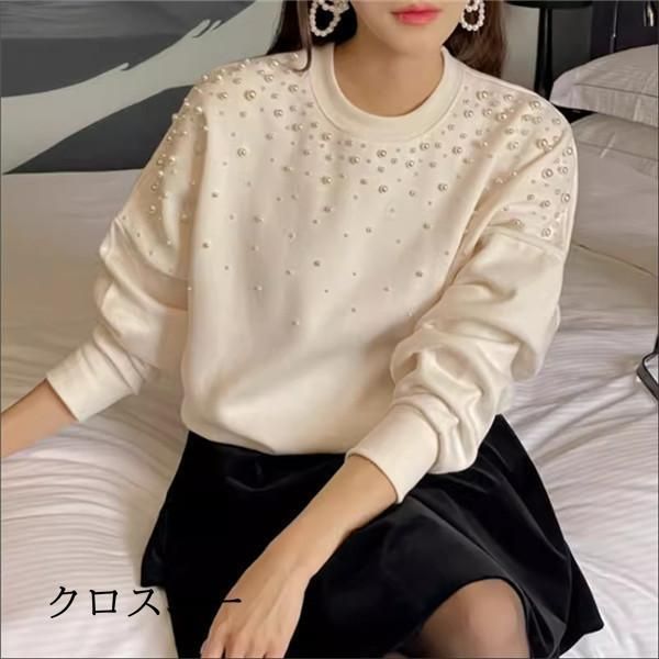 パール付き スウェット レディース 春トップス  トレーナー クルーネック ショート丈 ビジュー ボリューム袖 さりげなく体型カバー プルオーバー 可愛い パール付き スウェット レディース 春トップス トレーナー