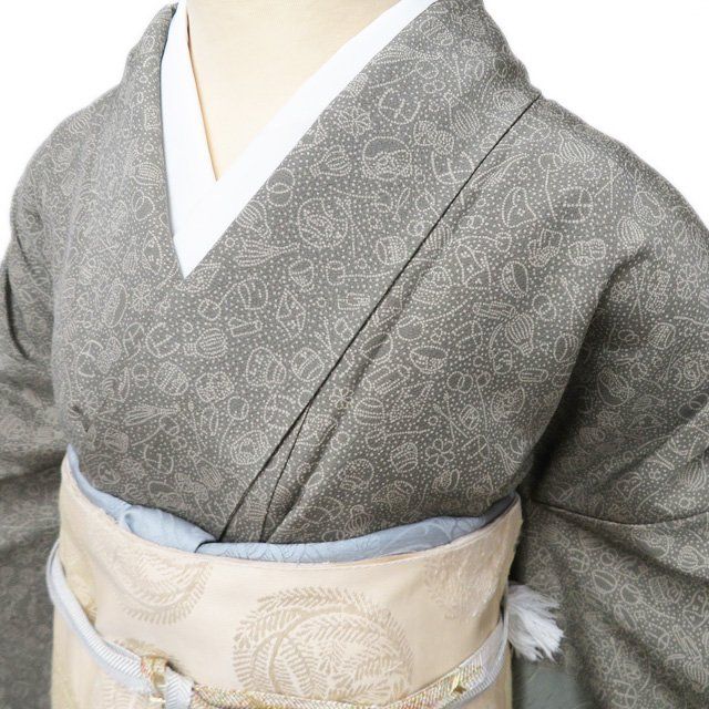 付下げ 付け下げ 訪問着 着物 袷 江戸小紋柄 竹笹 竹縞 茶道具 鶸茶色 身丈157cm 裄67cm M ワイド きもの北條 A1278-6