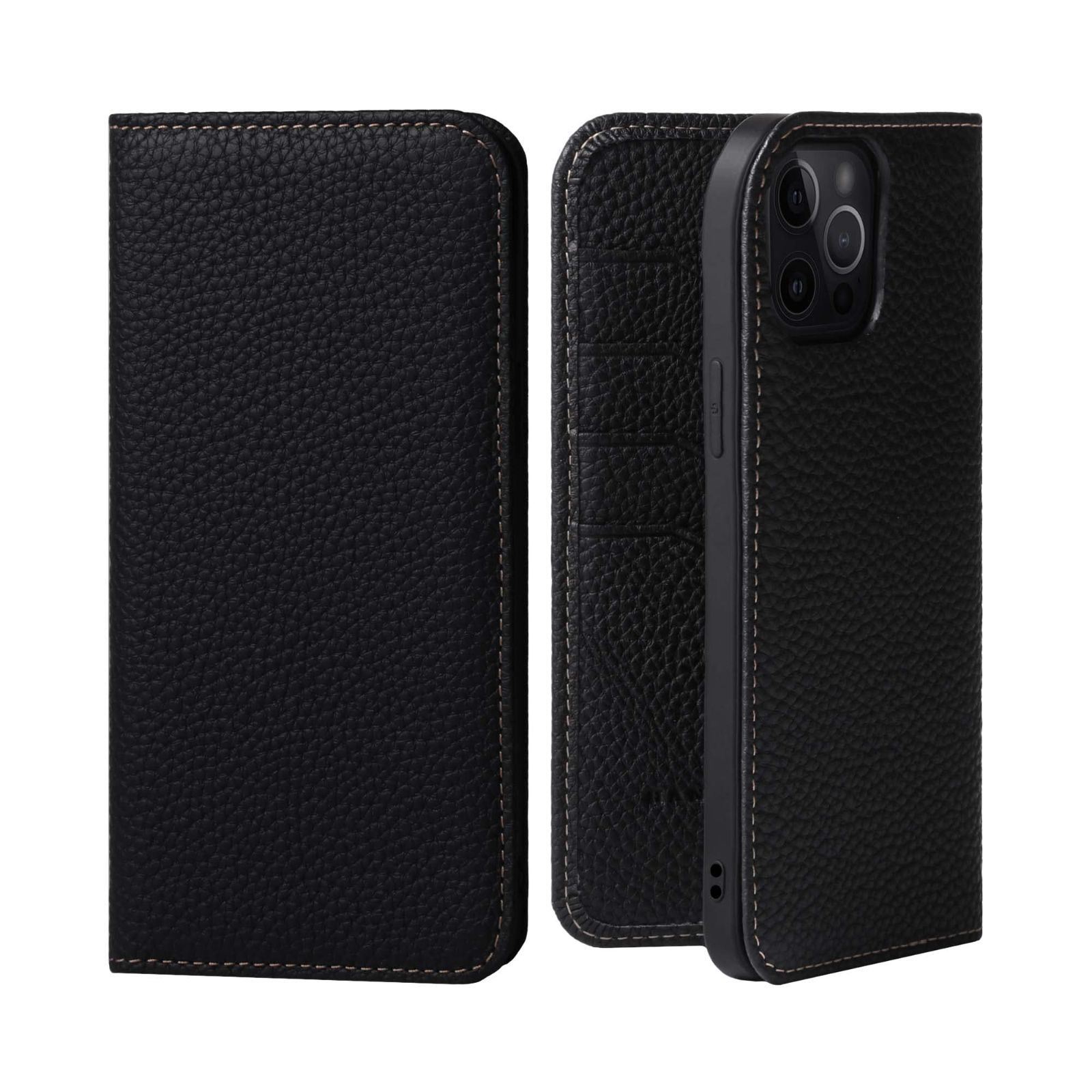 【新着商品】付き コードホルダー シュリンクカーフレザー スタンド スマホ ギフト スマホケース 本革 マグネットなし 手帳型 ブラック ケース iPhone15ProMax PH-15ProMax-Black HANATORA