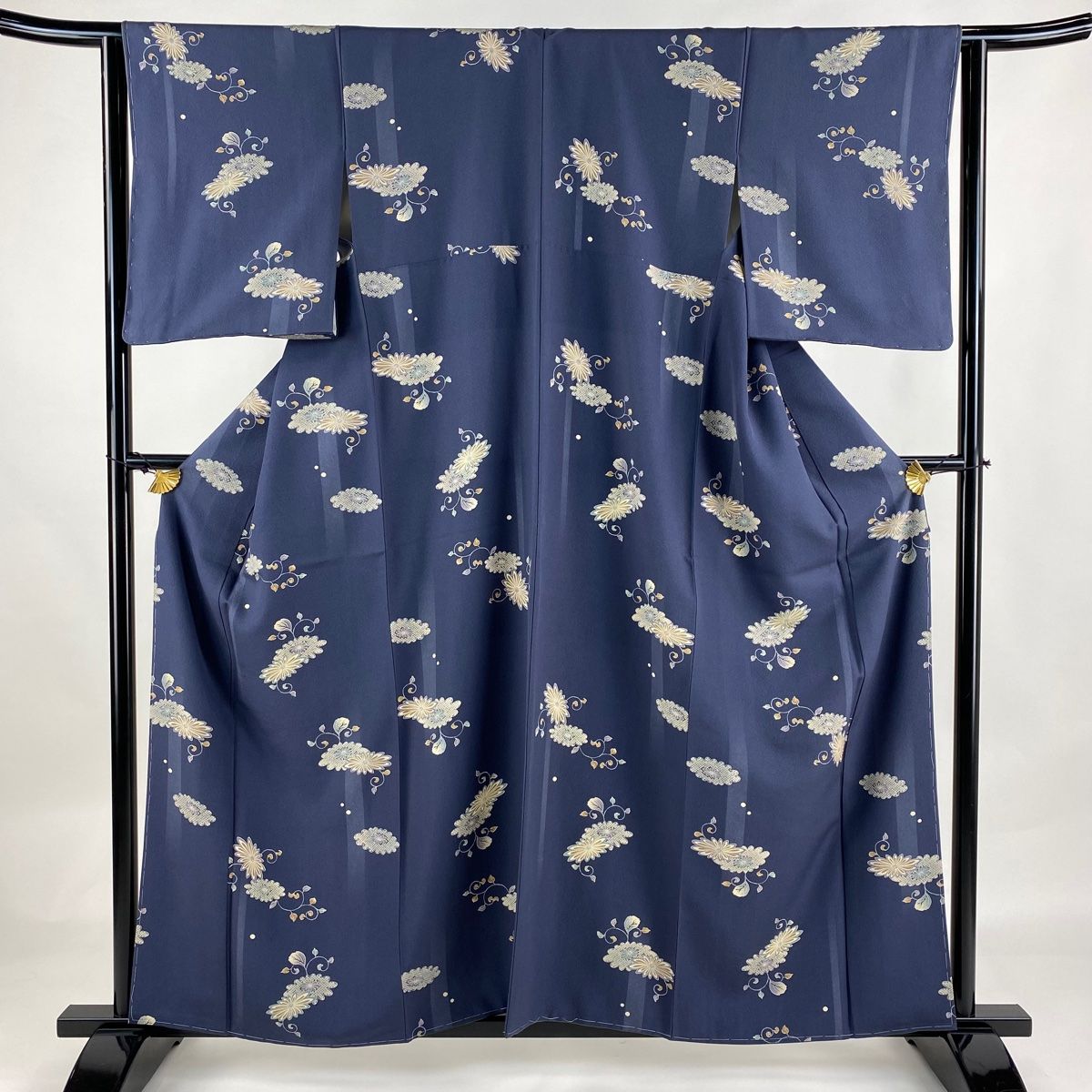小紋 身丈160cm 裄丈64cm M 袷 菊唐草 青灰色 正絹 秀品