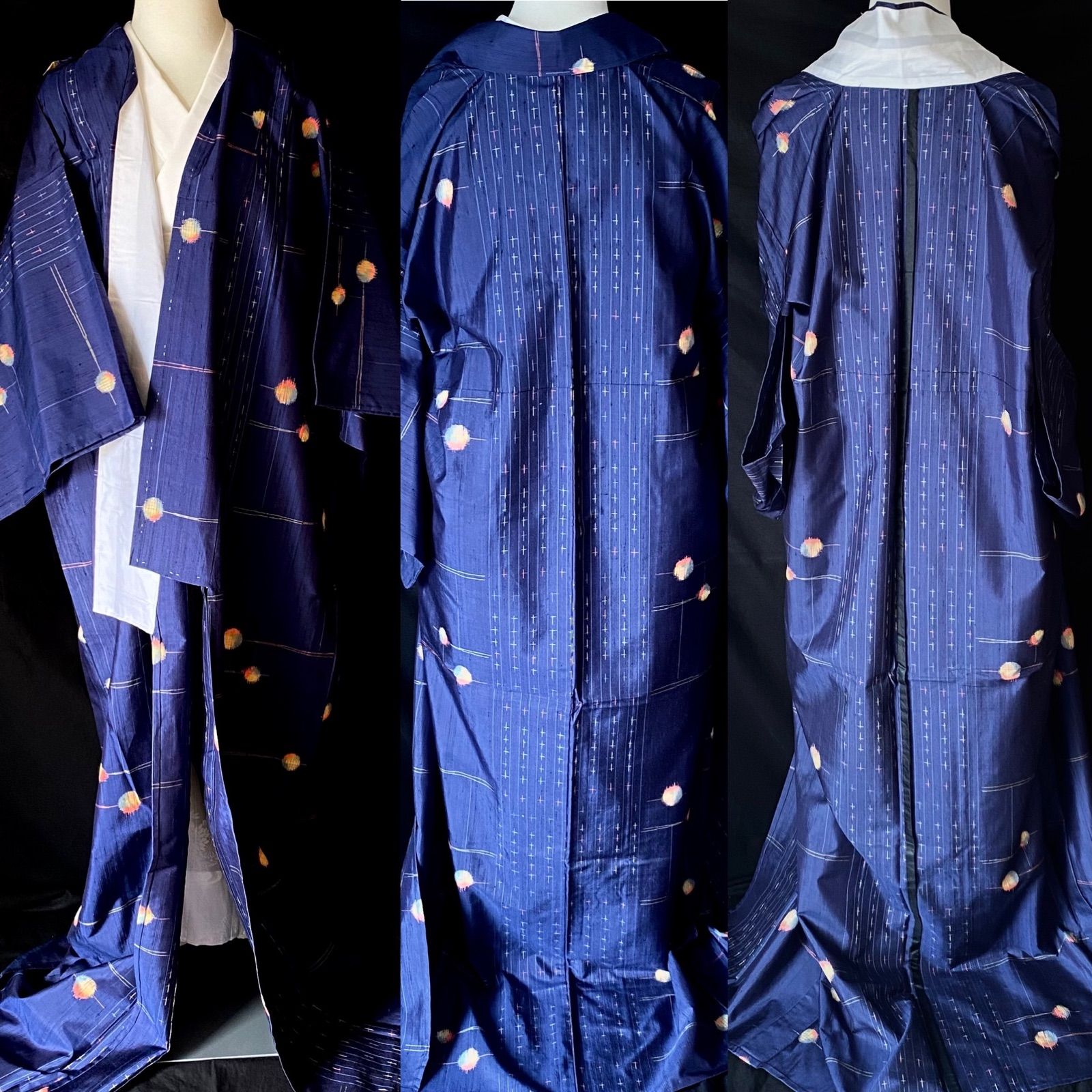 簪模様の縦節紬〉単衣 紺色 SALE 織り出し トール 普段着着物 - メルカリ