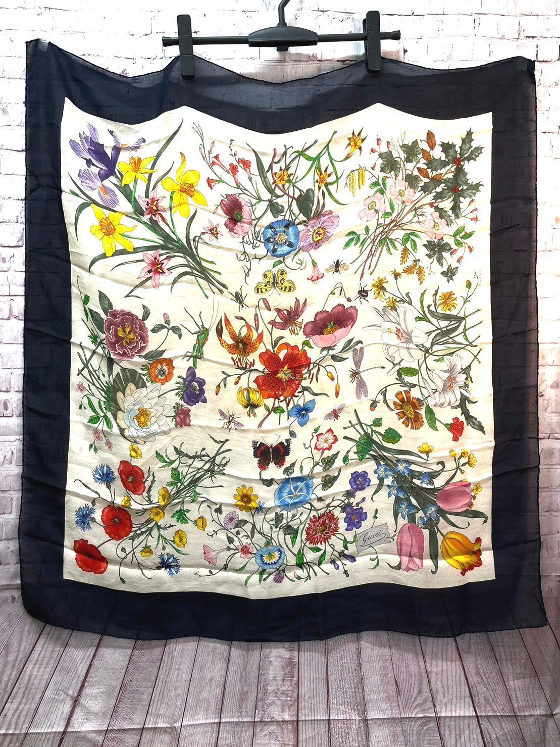 シルク絹100 大判スカーフ マルチボーダー ドット フラワー花柄 - バンダナ