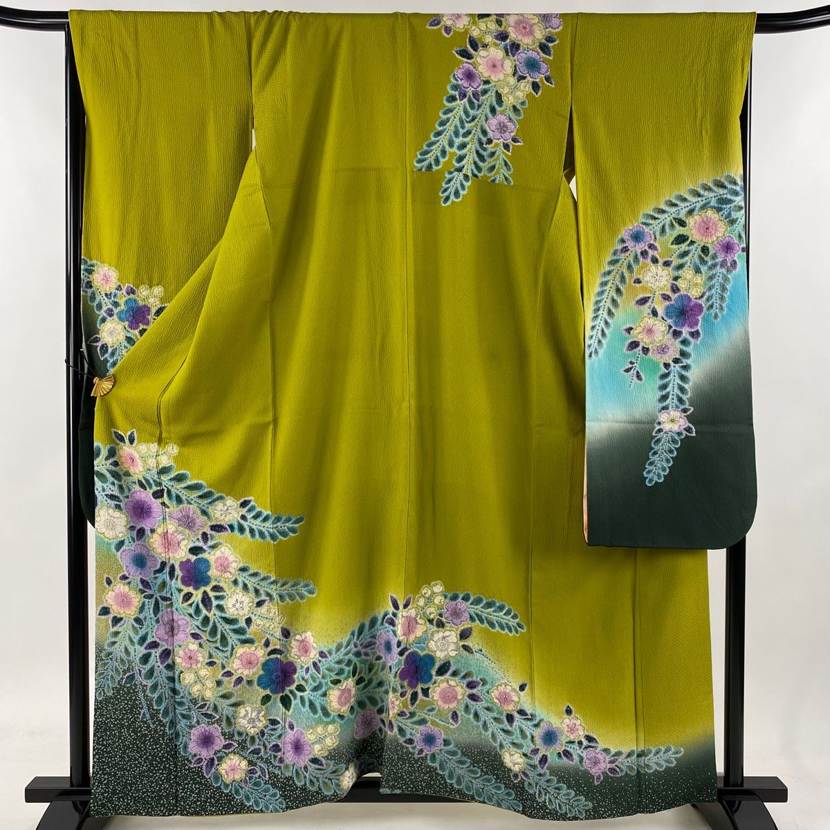 振袖 身丈160cm 裄丈67.5cm L 袷 辻が花 金彩 染分け 抹茶色 正絹 名品