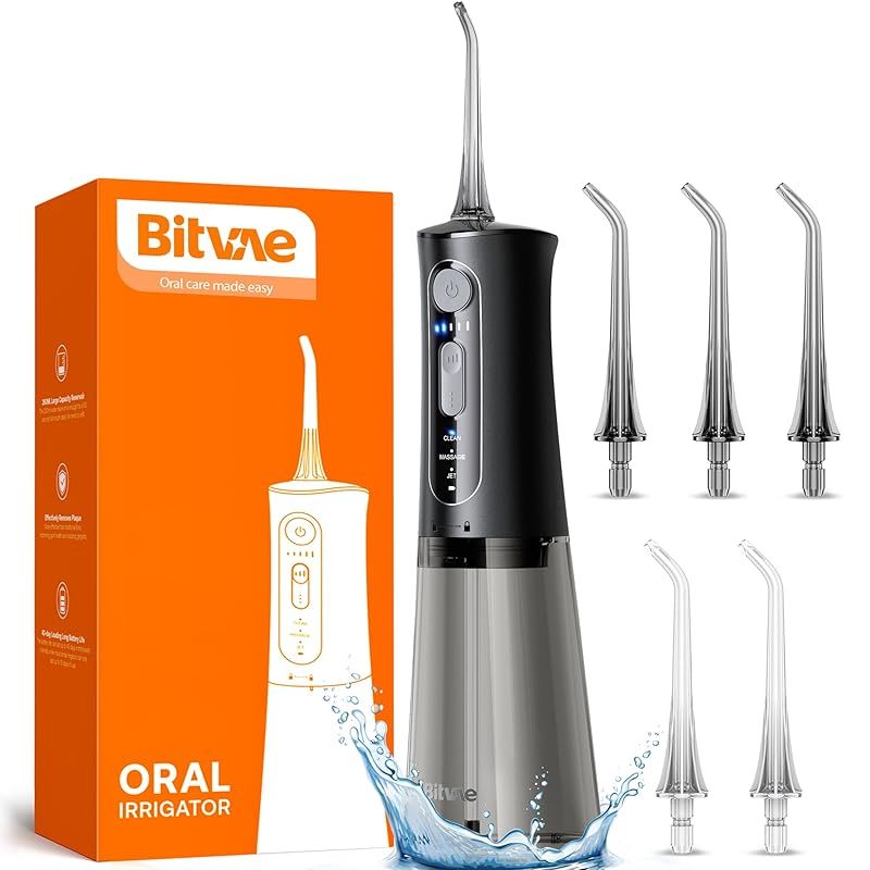 Bitvae 口腔洗浄器 ジェットウォッシャー 3つのモード＆5段階の強度 替えノズル6本 USB充電式 IPX7防水 歯間ケア 家庭用や旅行に最適 BLACK