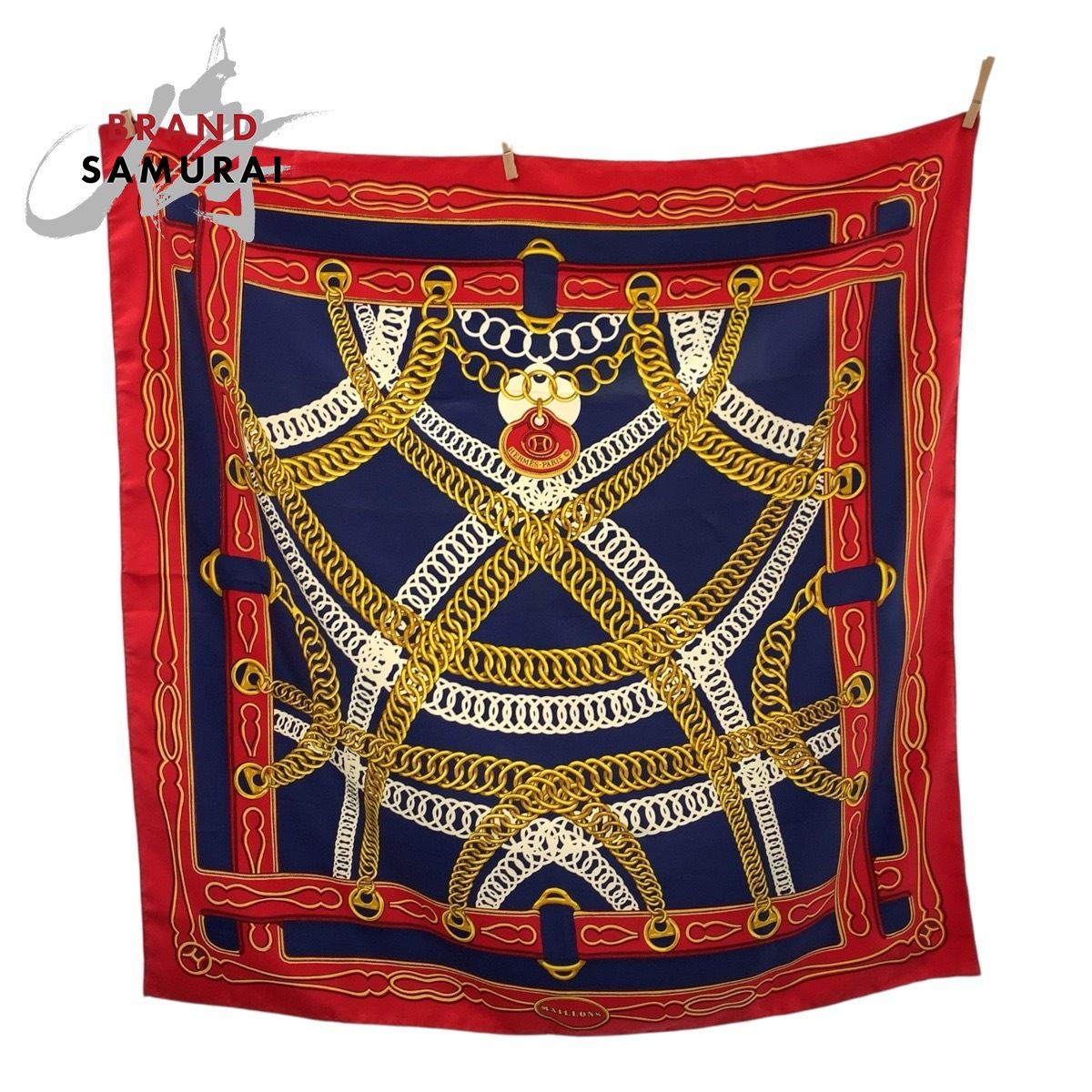 美品 HERMES エルメス MAILLONS カレ90 レッド ネイビー シルク