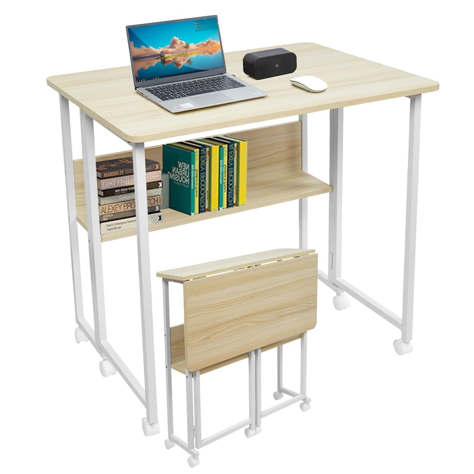 省スペース 幅80x奥行58x高さ75cm 折りたたみデスク 折り畳み 机 折畳みデスク 折りたたみ机 キャスター付きテーブル Bidesen 白もみじ