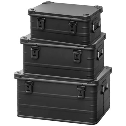 FIELDOOR アルミ コンテナ ボックス 蓋付き マットブラック 収納ボックス フタ付き 収納ケース 収納BOX おしゃれ 道具入れ ストッカー 軽量 スタッキング BOX アウトドア キャンプ 収納箱 テーブル S＆M＆Lセット mp