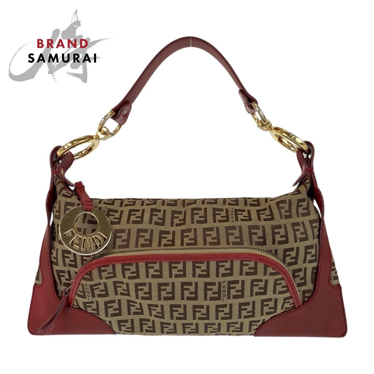 美品 FENDI フェンディ ズッキーノ ブラウン レッド ゴールド金具 