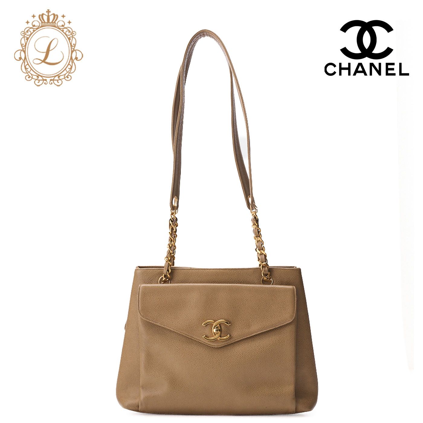 CHANEL シャネル チェーンショルダーバッグ トートバッグ アウトサイドフラップ キャビアスキン ベージュ ゴールド金具 レディース ハイブランド 送料無料