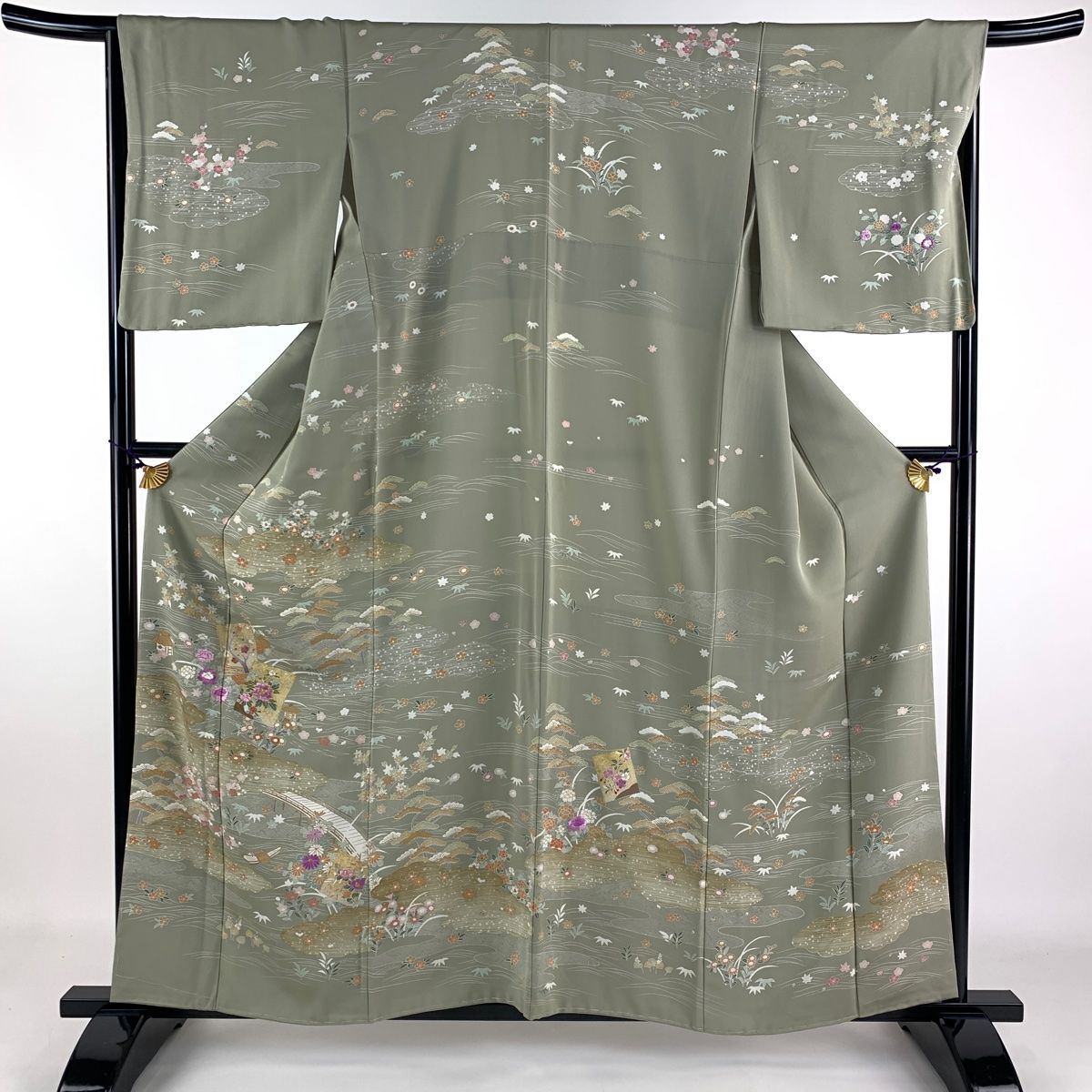 中古】 身丈171cm L 草花 袷 金彩 染め分け