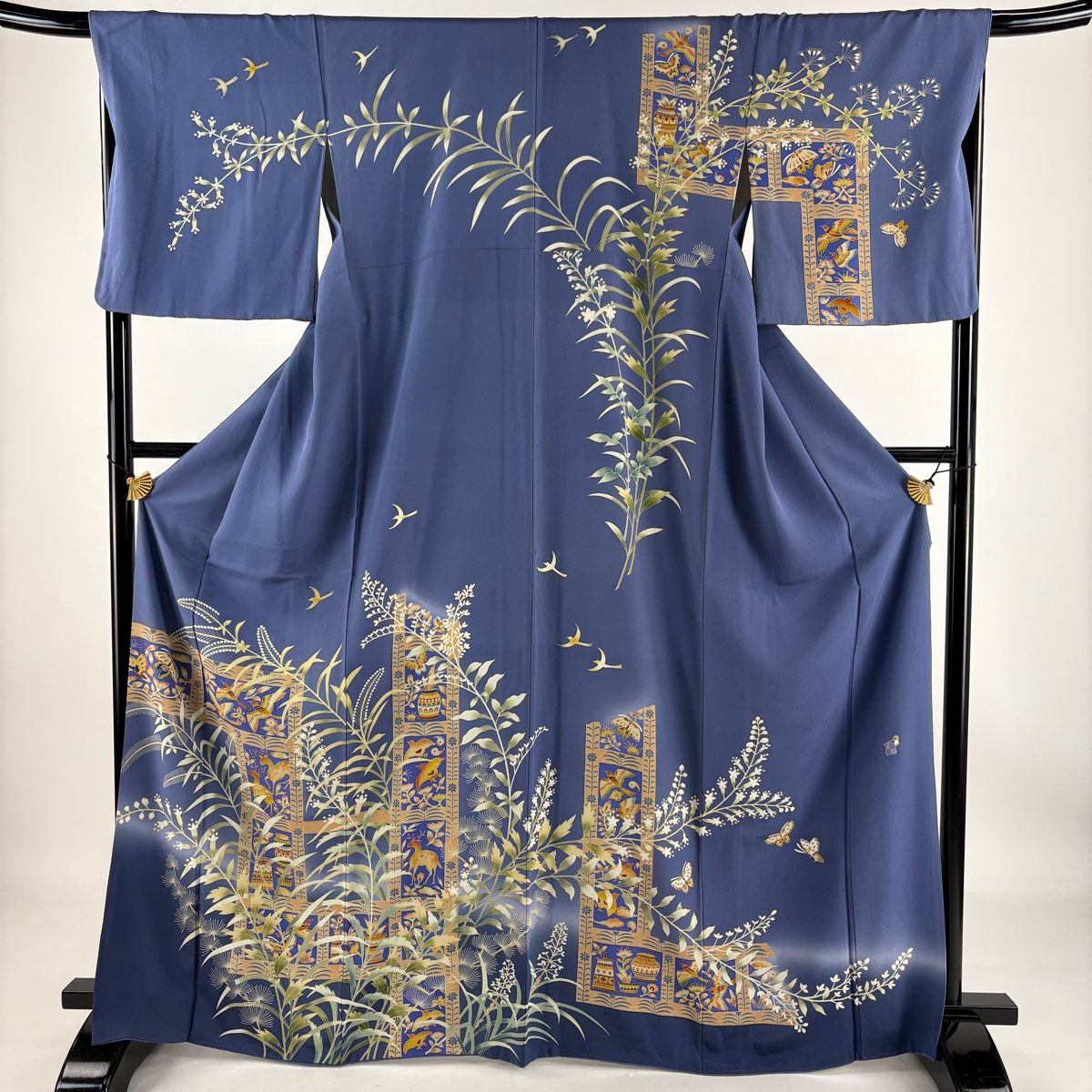 訪問着 身丈166cm 裄丈68cm L 袷 落款 鳥 鹿 ぼかし 青灰色 正絹 秀品