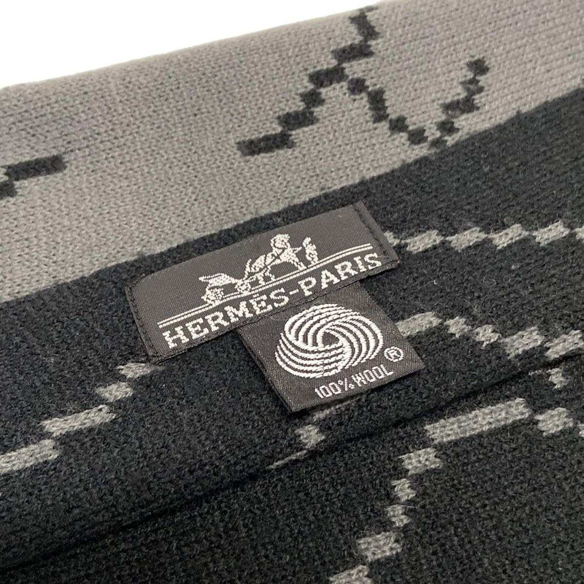 HERMES エルメス マフラー - 黒×グレー ウール