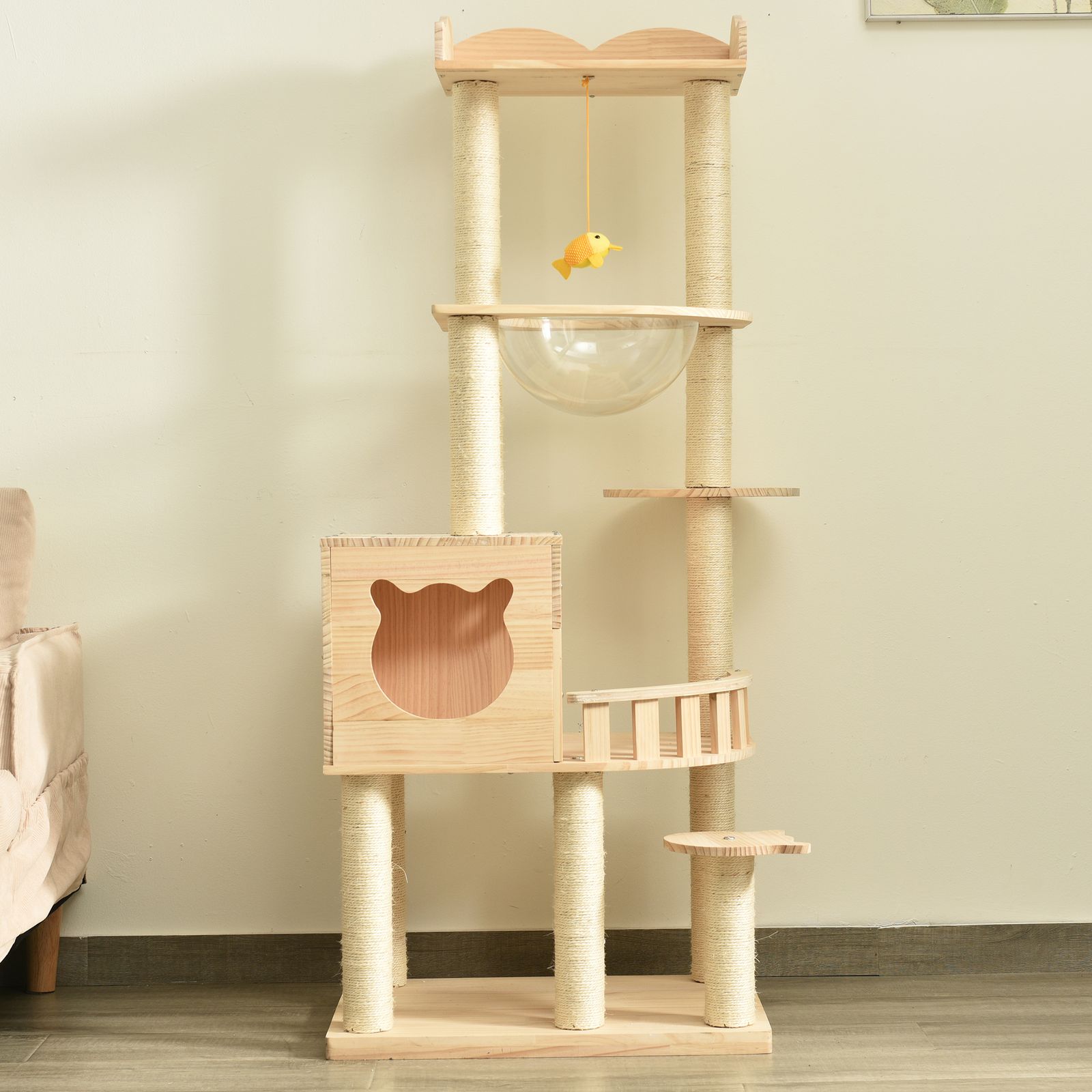 キャットタワー 木製 天然木 据え置き 宇宙船付き 猫タワー 展望台 隠れ家 季節問わず 階段 機能満載 爪とぎ 多頭飼い 安定感抜群 頑丈 省スペース 猫ハウス 上りやすい クリアボウル キャットポール 据え置き型