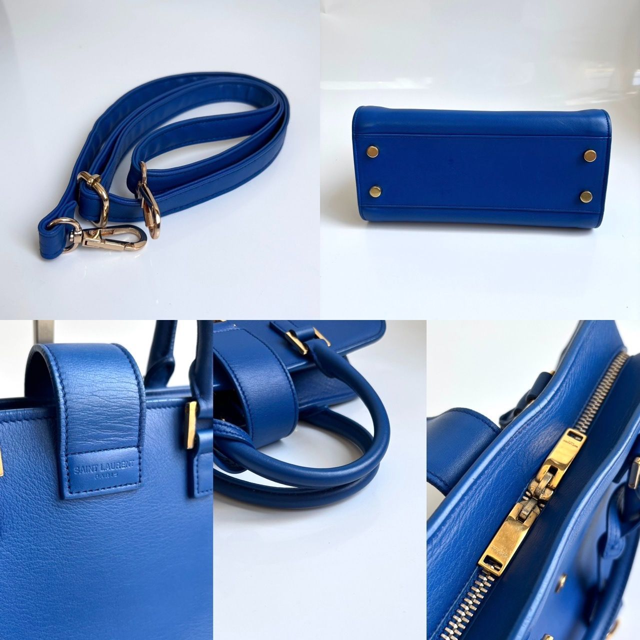 SAINT LAURENT 青 レザー ハンドバッグ 極美品 SAINT LAURENT PARIS サンローランパリス カバス