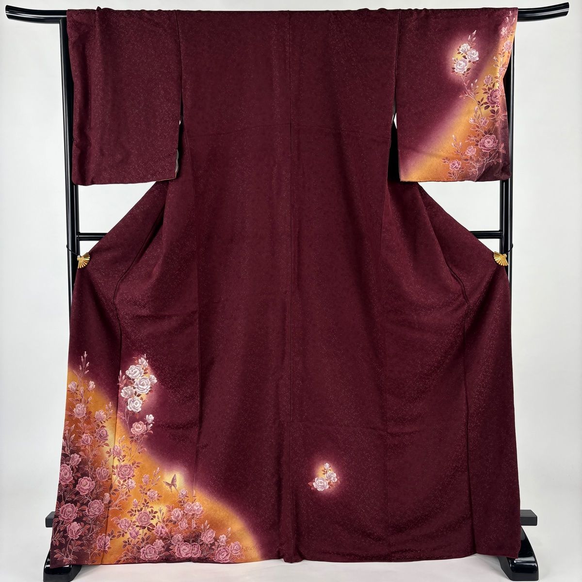 付下げ 身丈170.5cm 裄丈68.5cm L 袷 徳永憲峯 落款あり 辻が花 金通し ぼかし 灰色 正絹 美品 名品 中古 付下げ 身丈170.5cm 裄丈68.5cm L 袷 やまと 薔薇 蝶 金通し 箔 えんじ