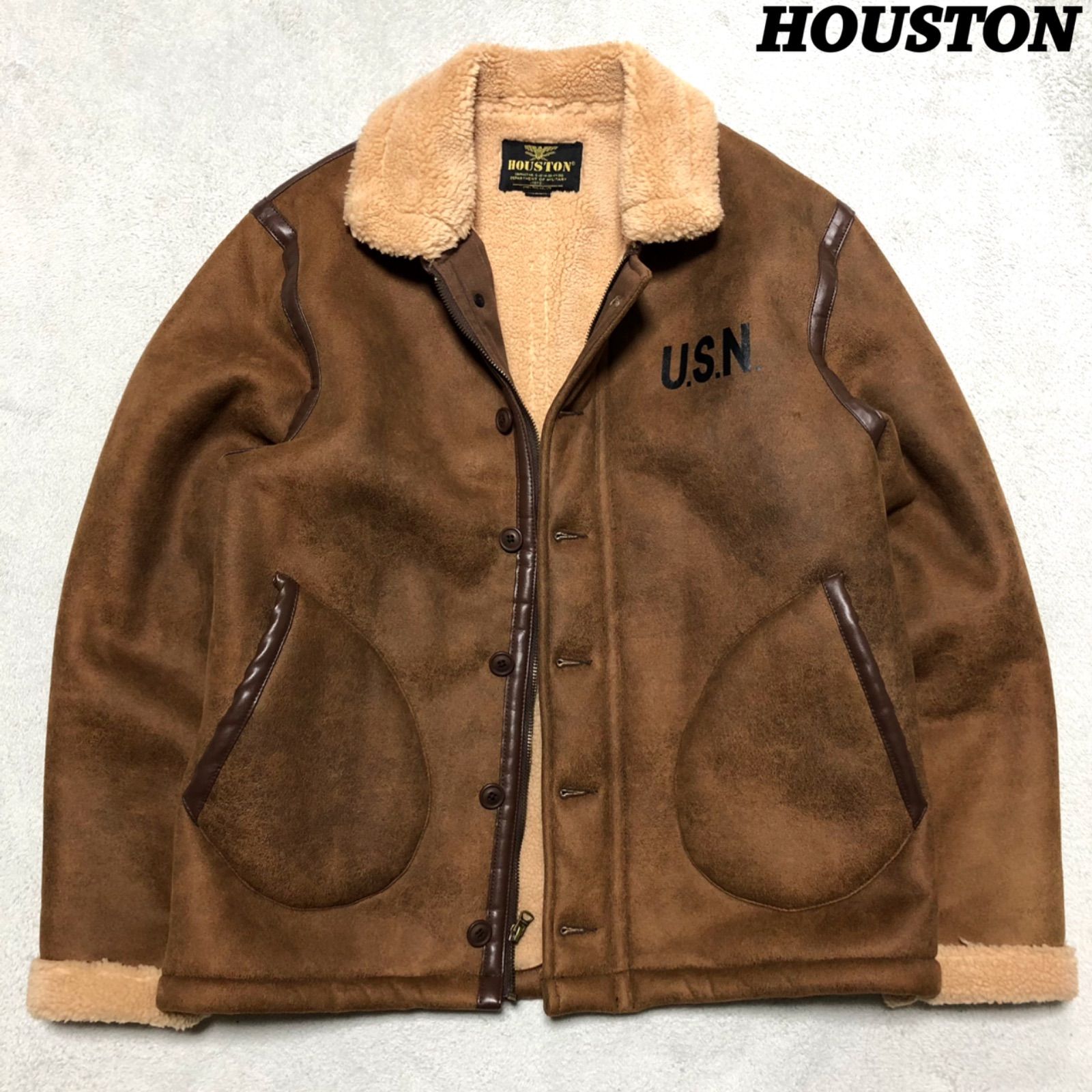 HOUSTON N-1 DECK JACKET デッキジャケット B-3 フライトジャケット フェイクムートン ボア CONMARジップ Mサイズ ミリタリージャケット ブラウン ヒューストン