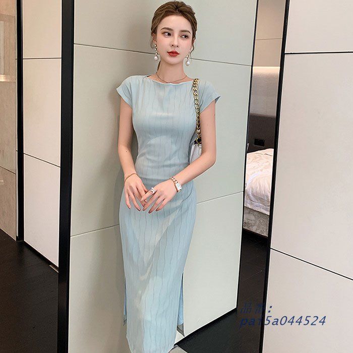 スレンダー細見え 膝丈半袖シンプルワンピース 緑 キャバ スナック ラウンジ レディース 薄手 服 韓国 pai5a044524
