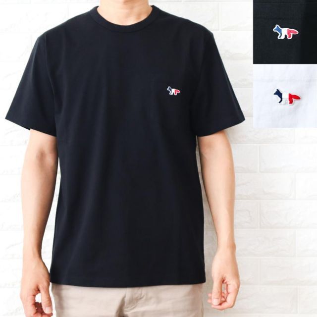 メゾンキツネ Tシャツ メンズ ブラック ホワイト 黒 白 半袖 ポケット クルーネック FOX PATCH MAISON KITSUNE FM00120KJ0010