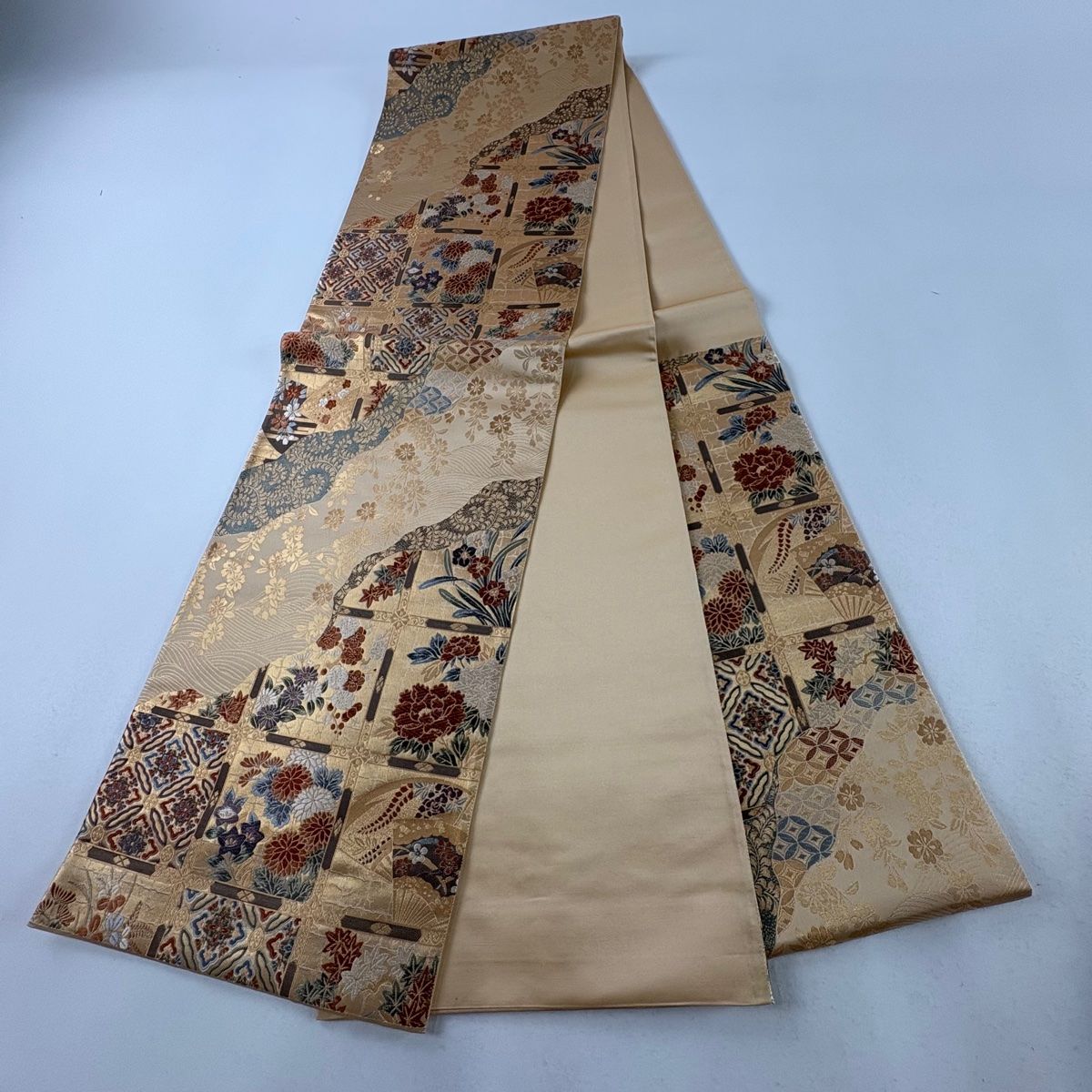 袋帯 美品 秀品 纐纈 辻が花 金糸 ラメ糸 茶色 六通 正絹 【中古】 ☆