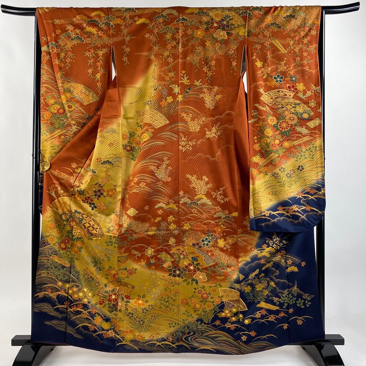 振袖 身丈163cm 裄丈65.5cm M 袷 扇面 草花 金糸 金彩 赤茶 正絹 秀品
