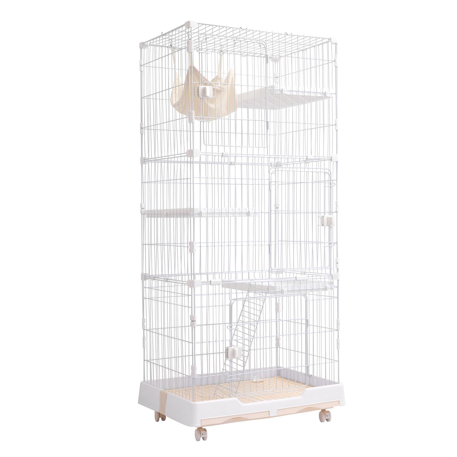 収納 キャスター タワー 付 キャット 脱走防止扉 キャットゲージ 頑丈 猫 檻 ペット ねこ 2|3段 ネコケージ 幅82cm コンパクト ケージ ハンモック キャットケージ 多頭飼い 猫ケージ ホワイト PETTOM 3段