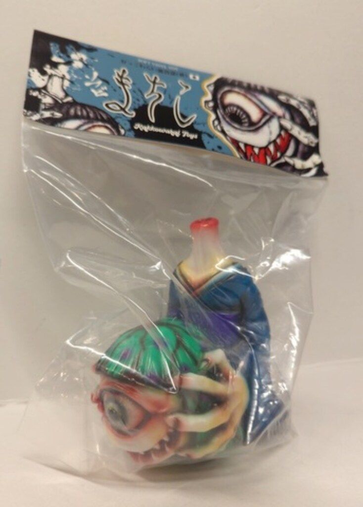 かっこわらい雑貨店 まちこ ソフビ人形 青着物/紫帯/緑髪/紫ドット