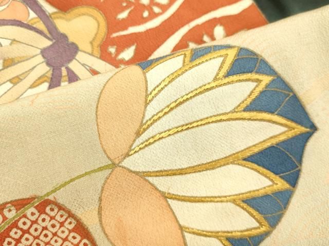 平和屋着物○アンティーク 大正ロマン 振袖 駒刺繍 檜扇草花松文