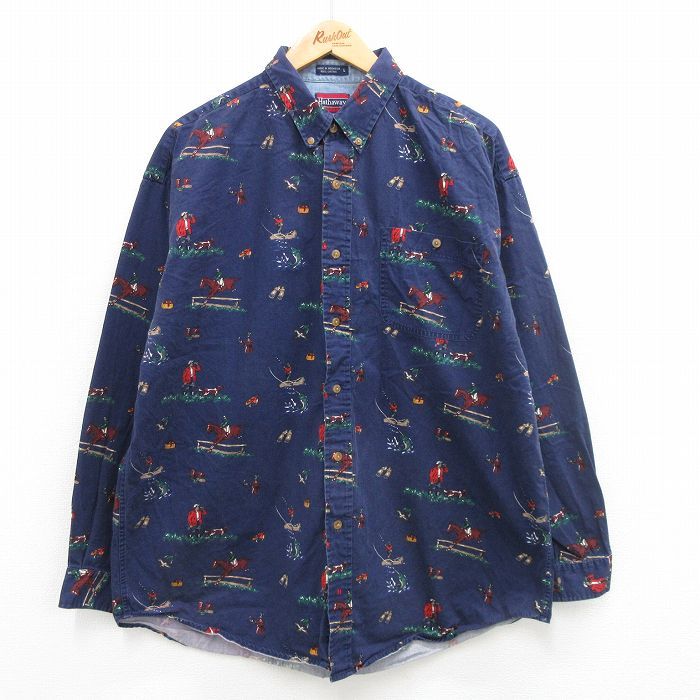 XL/古着 長袖 シャツ メンズ 00s 釣り 乗馬 コットン ボタンダウン 紺他 ネイビー 24jun05 中古 トップス