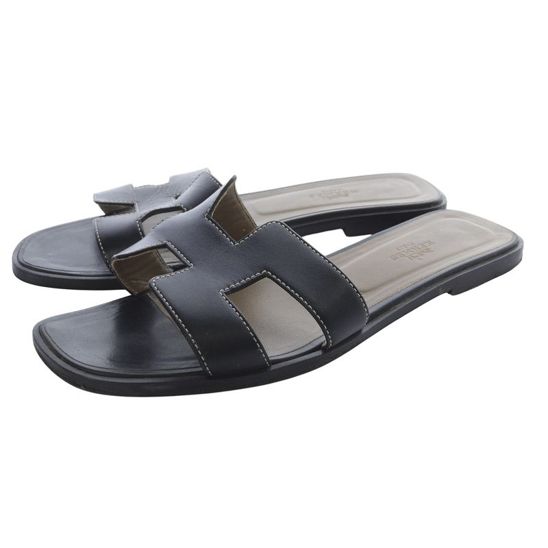 エルメス オラン Oran レザー フラットサンダル 38.5 黒 021056Z