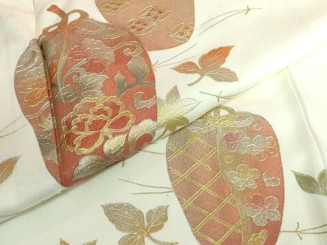 美品 訪問着 正絹 流水陶器花文様 扇子 金銀彩 157cm 64cm
