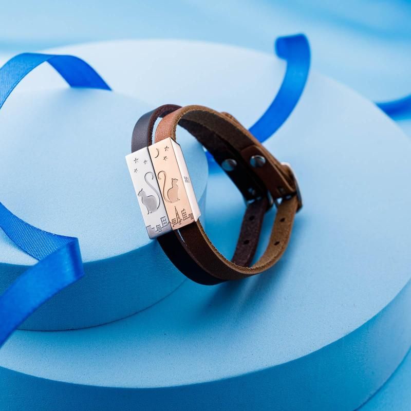 [ ホワイトクローバー ] ペアブレスレット アレルギーフリー サージカルステンレス316L 猫 星 月 ピンク&シルバー 4SBR034GO&4SB