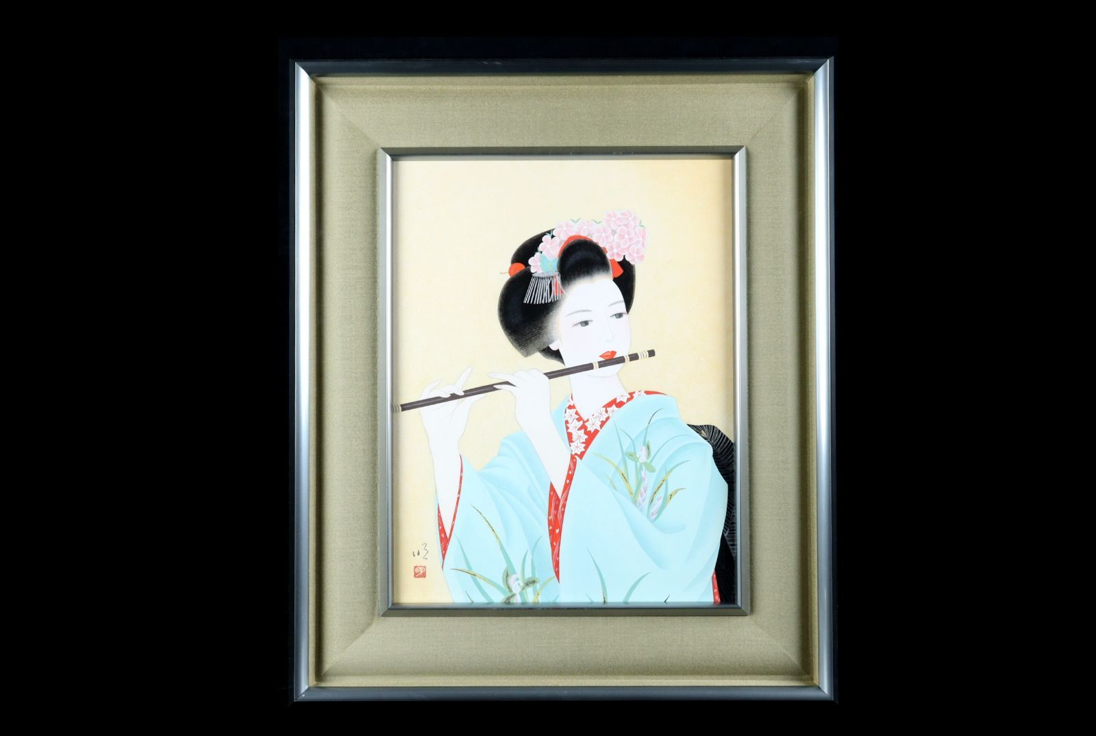 新稲明 「余韻」肉筆日本画 共シール タトウ箱 美人画 古美術 楾