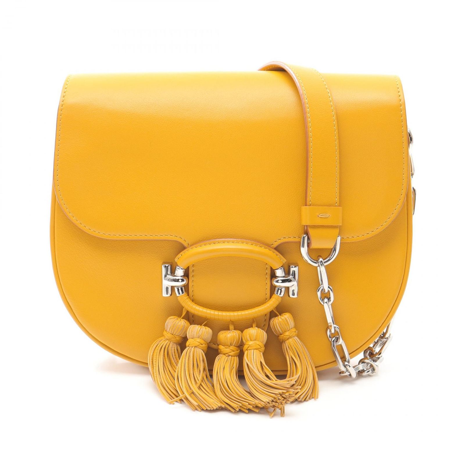 トッズ TOD S ショルダーバッグ ダブルTリング タッセル イエロー レザー チェーンショルダー レディース Used A