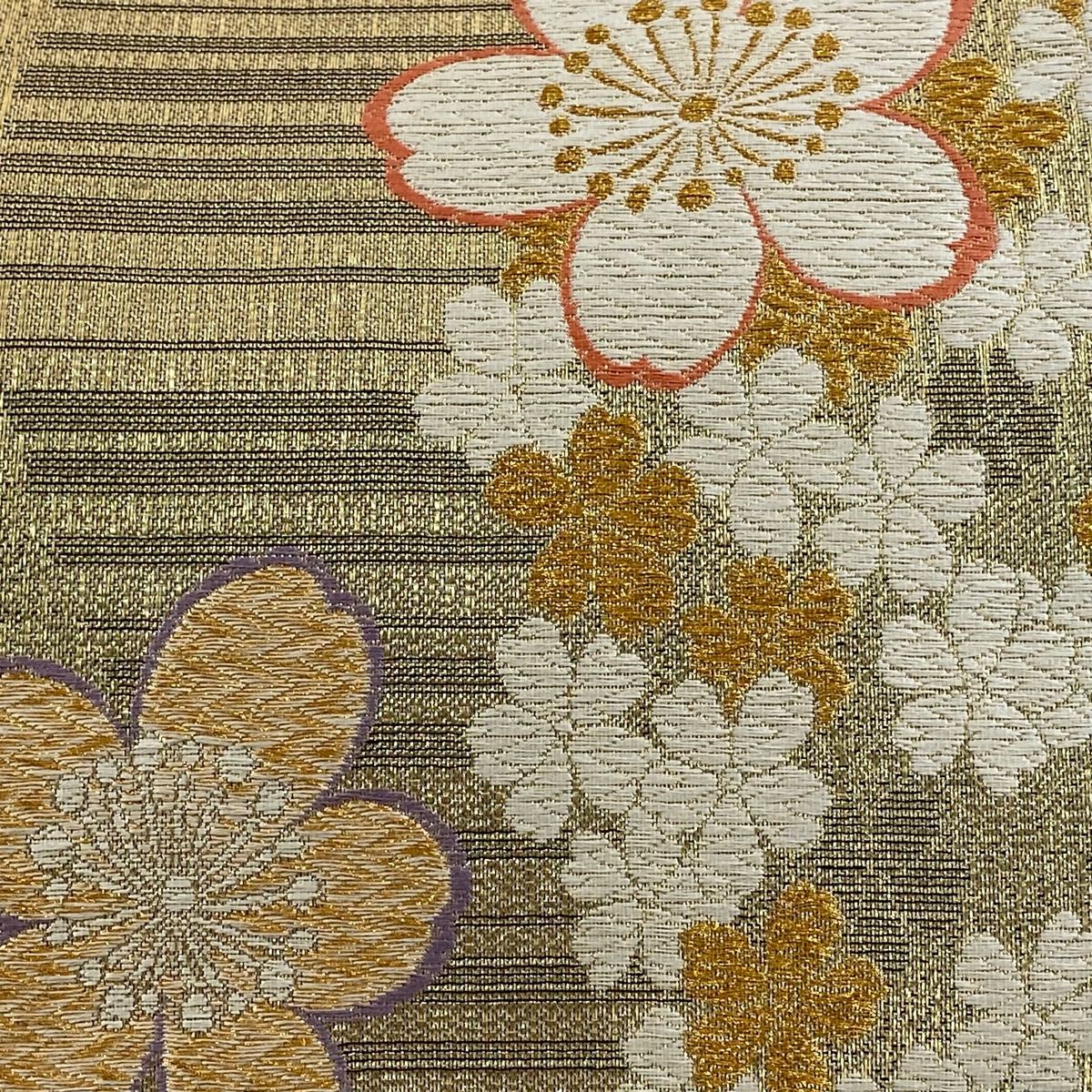 袋帯 秀品 振袖向き 桜 霞 唐織 金糸 金色 六通 正絹