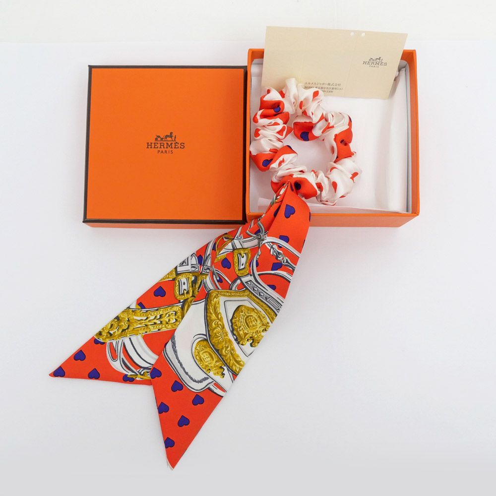 名東】エルメス シュシュ ベッラ オレンジ シルク ヘアアクセサリー