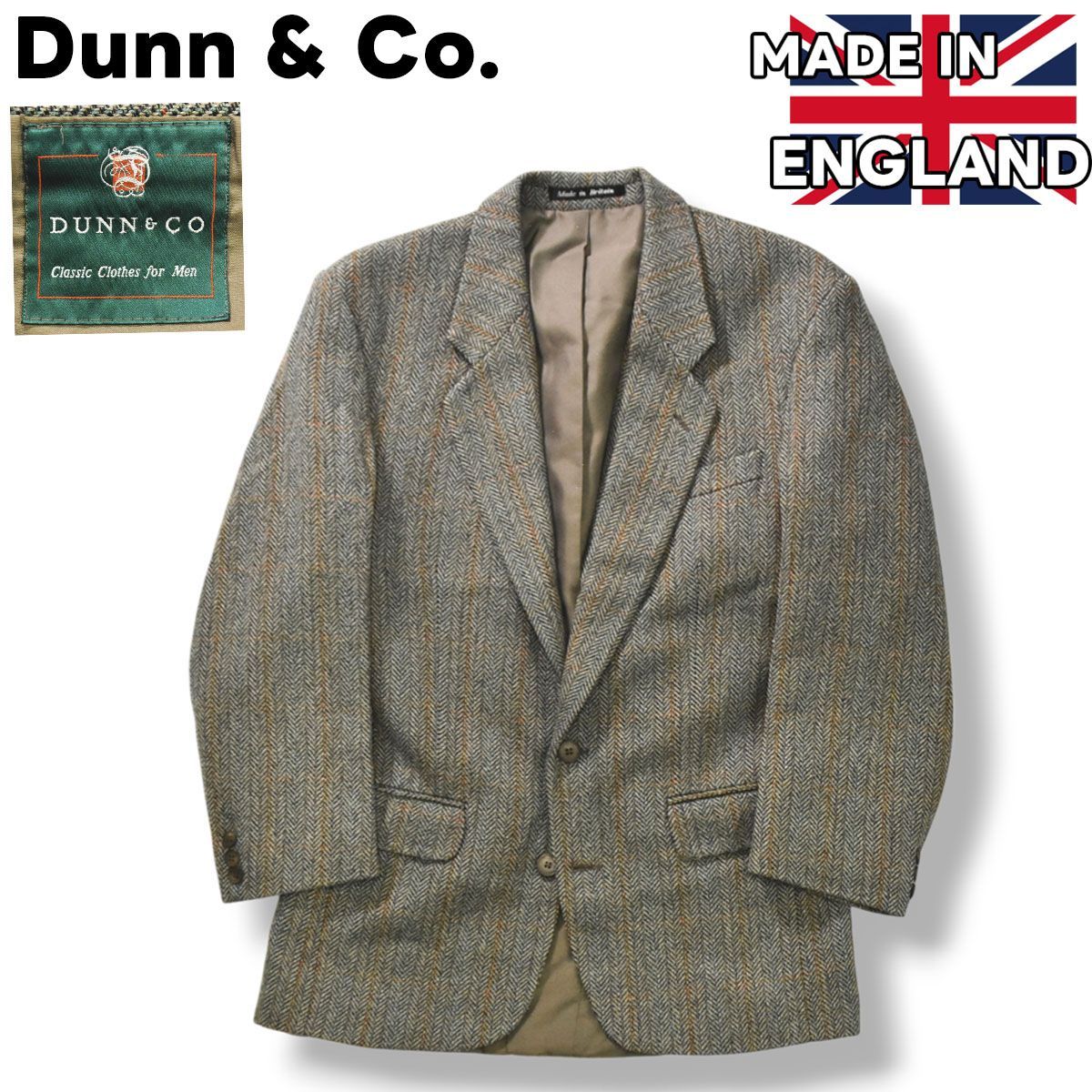 【上質】 ヴィンテージ 英国製 Dunn u0026 Co. ヘリンボーン柄 シングル 2B ツイード テーラードジャケット 秋冬 38 グレー メンズ