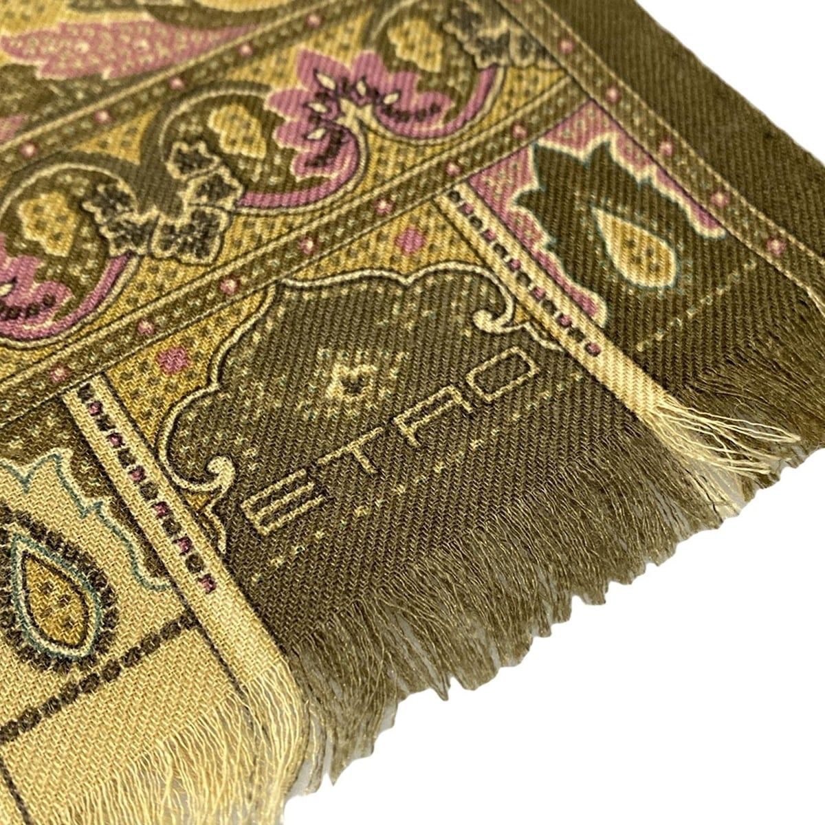 イタリア製 ウール シルク 大判ストール カーキ 中古 ABランク