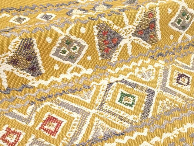 平和屋本店■極上　1854年創業　帯屋捨松　八寸名古屋帯　紬地　横段花蝶文　紙タグ付き　黄土色地　逸品　CYAA2095s5 平和屋本店□極上 1854年創業 帯屋捨松 八寸名古屋帯 紬地 横段花蝶文