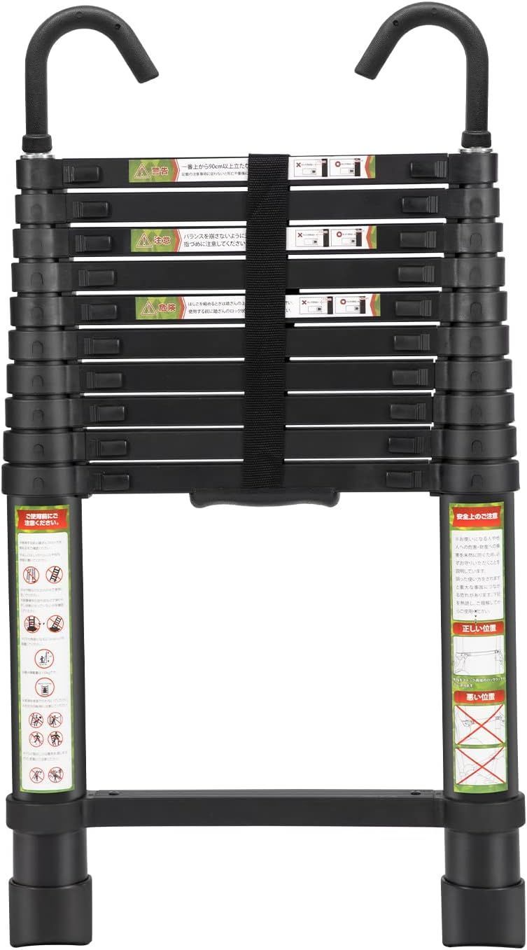 フック付きブラック.3.2 伸縮はしご 耐荷重150kg 軽量 持ち運びやすい 折り畳み 伸縮梯子 多機能アルミはしご 自動ロック スライド式 伸縮自在 室内室外両用