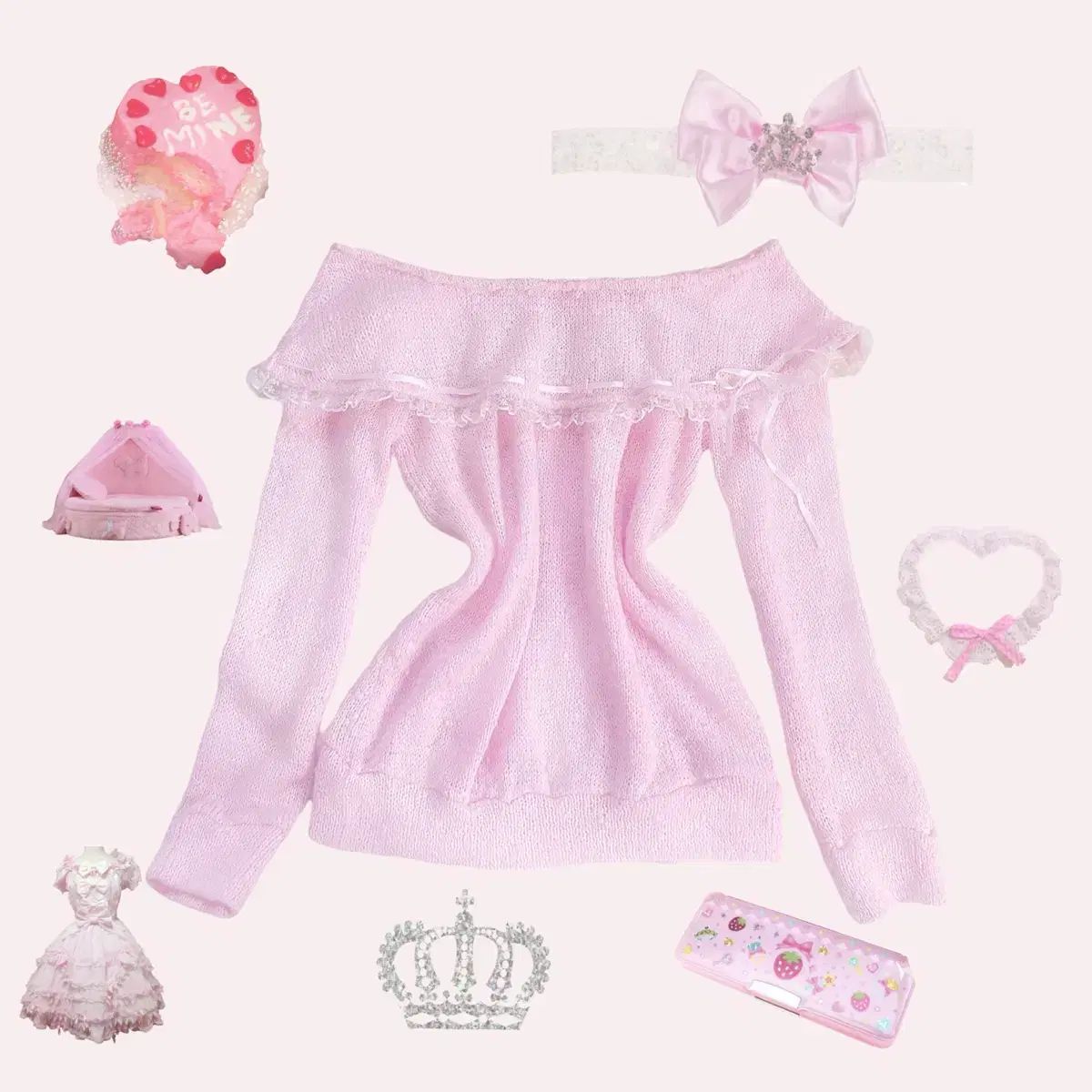 LIZ LISA (リズリサ) ピンク レース リボン オフショルダー ニット