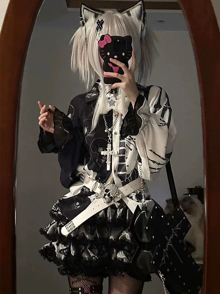 サブカル 服 病み ブラウス サブカル スカル ドクロ ランタンスリーブ 病み ストリート系 黒ゴス ゴシック シャツ サブカル 渋谷