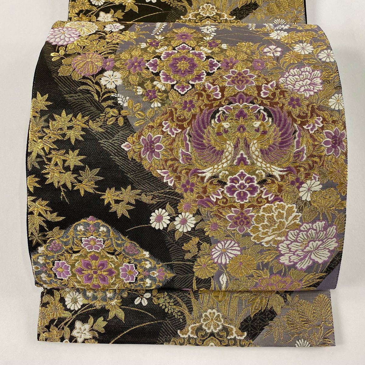 袋帯 じゅらく 落款 じゅらく帝王紫 鳳凰 草花 金糸 箔 黒 お太鼓柄 正絹